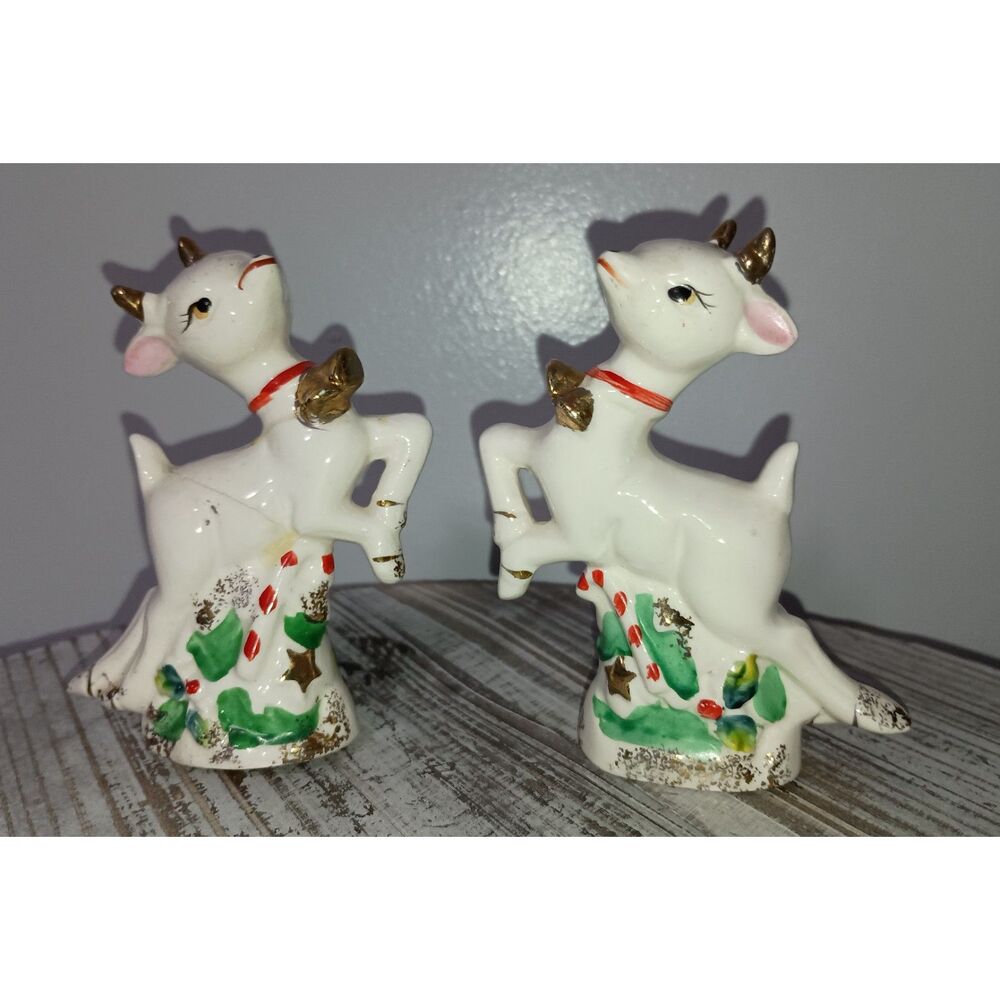 Vintage Christmas Reindeer Salt & Pepper Shakers w. Candy Cane Gold Antlers Set